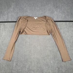 Rabbit Rose Ribbed‎ Knit Bolero Shrug Long Sleeve Cropped Taupe Brown Medium Y2K